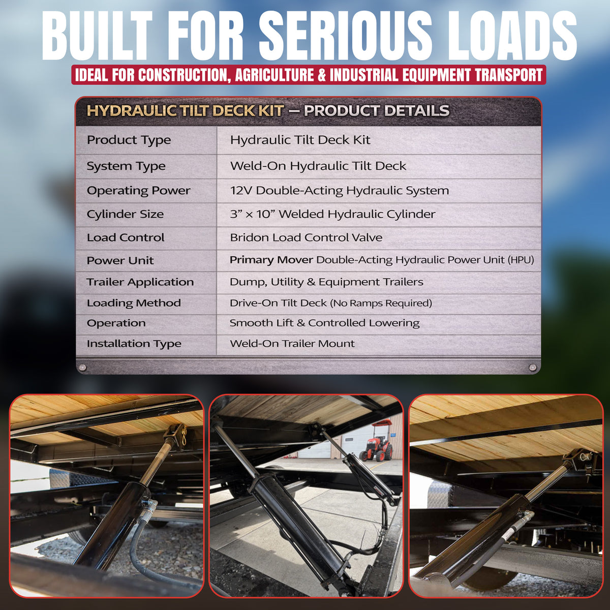 Hydraulic Tilt Deck Kit For Trailers - Welded | 310 W: Features 12V double-acting system, welded cylinders, for smooth loading without ramps. Ideal for construction and industrial transport.