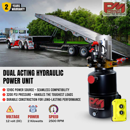 **Title:** Hydraulic Tilt Deck Kit for Trailers - Welded | 310 W

**Meta Description:** Discover the Hydraulic Tilt Deck Kit for Trailers by Primary Mover. Features a 12 V DC power unit and dual-acting hydraulic pump for easy loading.

**Alt Text:** Dual-Acting Hydraulic Power Unit with remote beside raised trailer, 12 V DC, 3,200 PSI, durable with 2-year warranty.