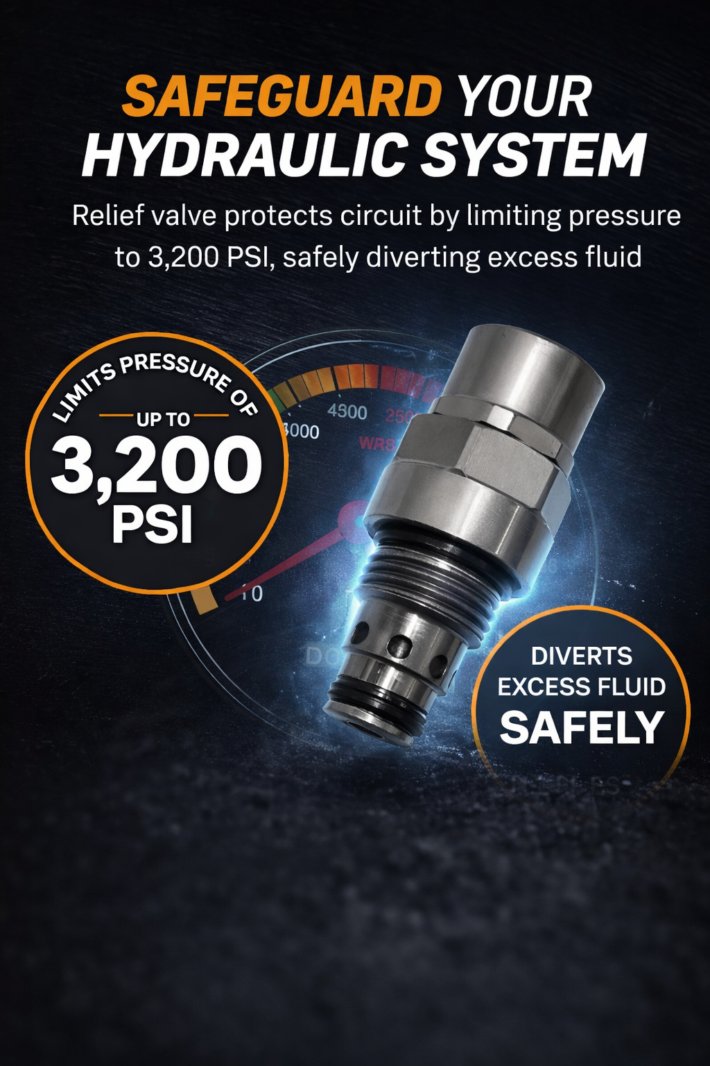 **Alt Text:** Relief Valve 3200 PSI (Non-Adjustable) with pressure gauge, highlighting pressure limitation and safe fluid diversion.  

**Title:** Relief Valve 3200 PSI (Non-Adjustable)  

**Meta Description:** Discover the Relief Valve 3200 PSI (Non-Adjustable) for optimal hydraulic system protection, limiting pressure and diverting excess fluid safely. Ideal for dump trailers and hydraulic systems.