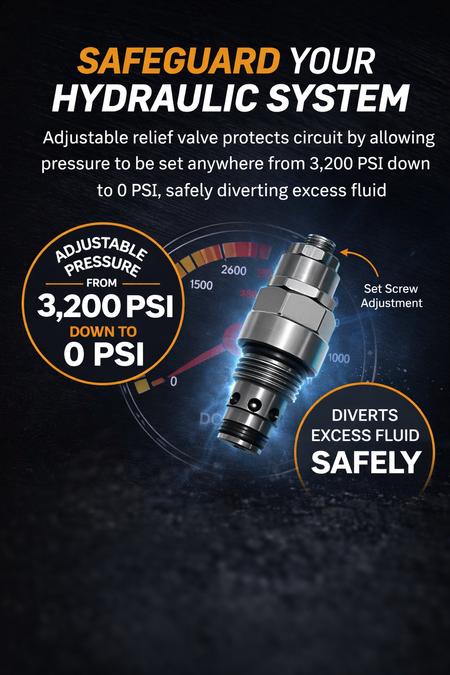 **Title:** Relief Valve 3200 PSI (Adjustable) for Hydraulic Systems

**Meta Description:** Adjustable relief valve allows precise pressure control from 0 to 3200 PSI, safeguarding hydraulic systems by diverting excess fluid. Ideal for dump trailers and power units.

**Alt Text:** 3D rendering of an adjustable hydraulic relief valve with set-screw adjustment, highlighting adjustable pressure range from 0 to 3200 PSI and fluid diversion features.