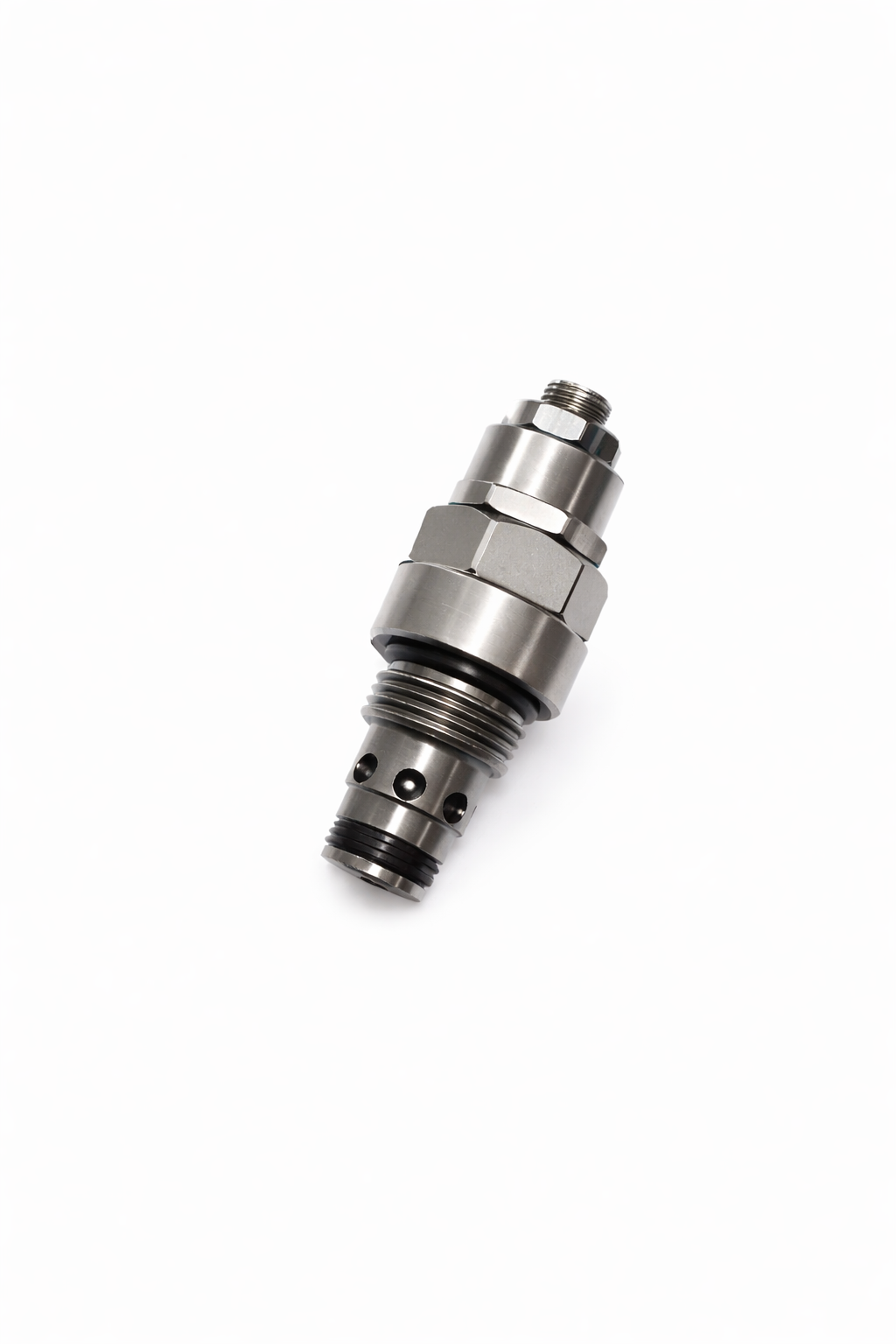 **Title:** Relief Valve 3200 PSI (Adjustable) - Precision Control

**Meta Description:** Adjustable Relief Valve for hydraulic systems, up to 3200 PSI. Precision-machined, featuring SAE #8 ORB ports, ideal for dump trailers and power units.

**Alt Text:** Precision-machined adjustable relief valve, featuring a cylindrical body with male threads, hex flats for a wrench, and drilled flow passages for hydraulic systems.