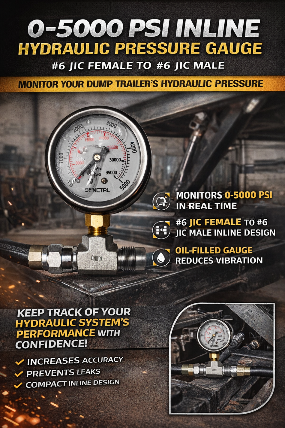 **Title:** Inline Hydraulic Pressure Gauge 0–5000 PSI – JIC 6 & 8

**Meta Description:** Monitor hydraulic pressure accurately with the Inline Hydraulic Pressure Gauge 0–5000 PSI. Designed for dump trailers, it offers real-time insights and easy inline installation.

**Alt Text:** Inline Hydraulic Pressure Gauge mounted between hoses, highlights include 0–5000 PSI monitoring, oil-filled design, and JIC connections for dump trailer systems.