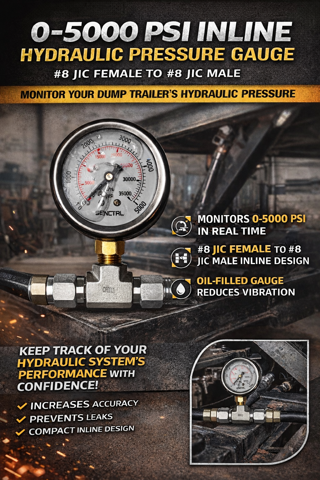 **Title:** Inline Hydraulic Pressure Gauge 0–5000 PSI – JIC 6 & JIC 8

**Meta Description:** Monitor your hydraulic system’s pressure in real-time with our durable inline gauge, ideal for dump trailers, featuring a 0–5000 PSI range and oil-filled stability.

**Alt Text:** Inline hydraulic pressure gauge with 0–5000 PSI range, shown installed in a metal setting, emphasizing real-time monitoring for dump trailer systems with JIC fittings.