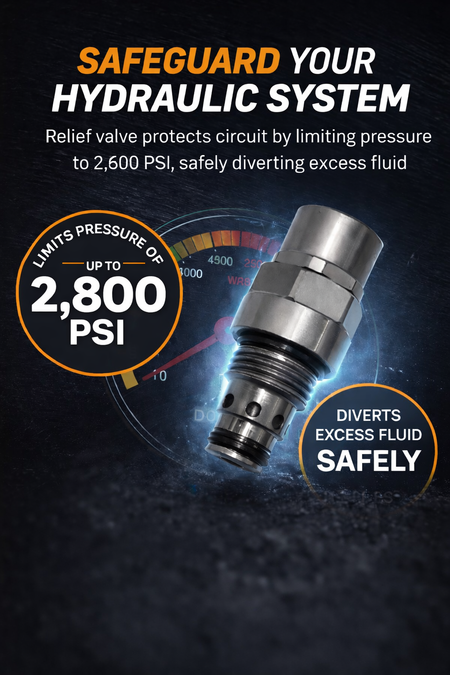 **Title:** Relief Valve 2800 PSI (Non-Adjustable)

**Alt Text:** Close-up of hydraulic relief valve cartridge with pressure gauge, advertising its 2800 PSI limit and safe fluid diversion features.
