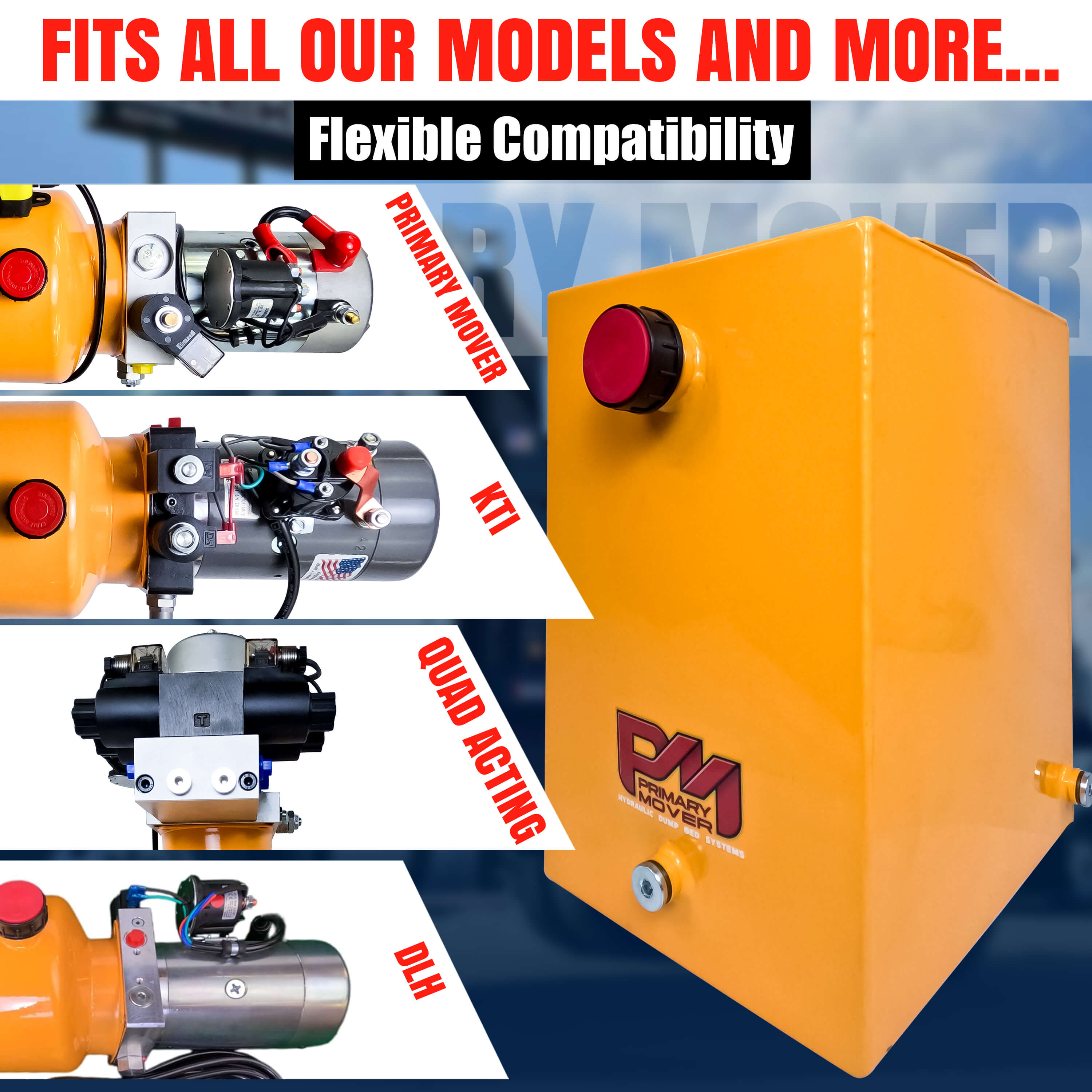 A yellow machine with red buttons, a close-up of a machine, and a red plastic bottle cap, along with the product description, indicate a 10 Quart Metal Square Hydraulic Reservoir Tank for hydraulic pumps.