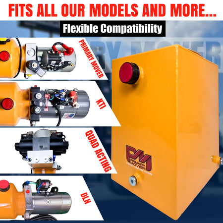 A yellow machine with red buttons, a close-up of a machine, and a red plastic bottle cap, along with the product description, indicate a 10 Quart Metal Square Hydraulic Reservoir Tank for hydraulic pumps.