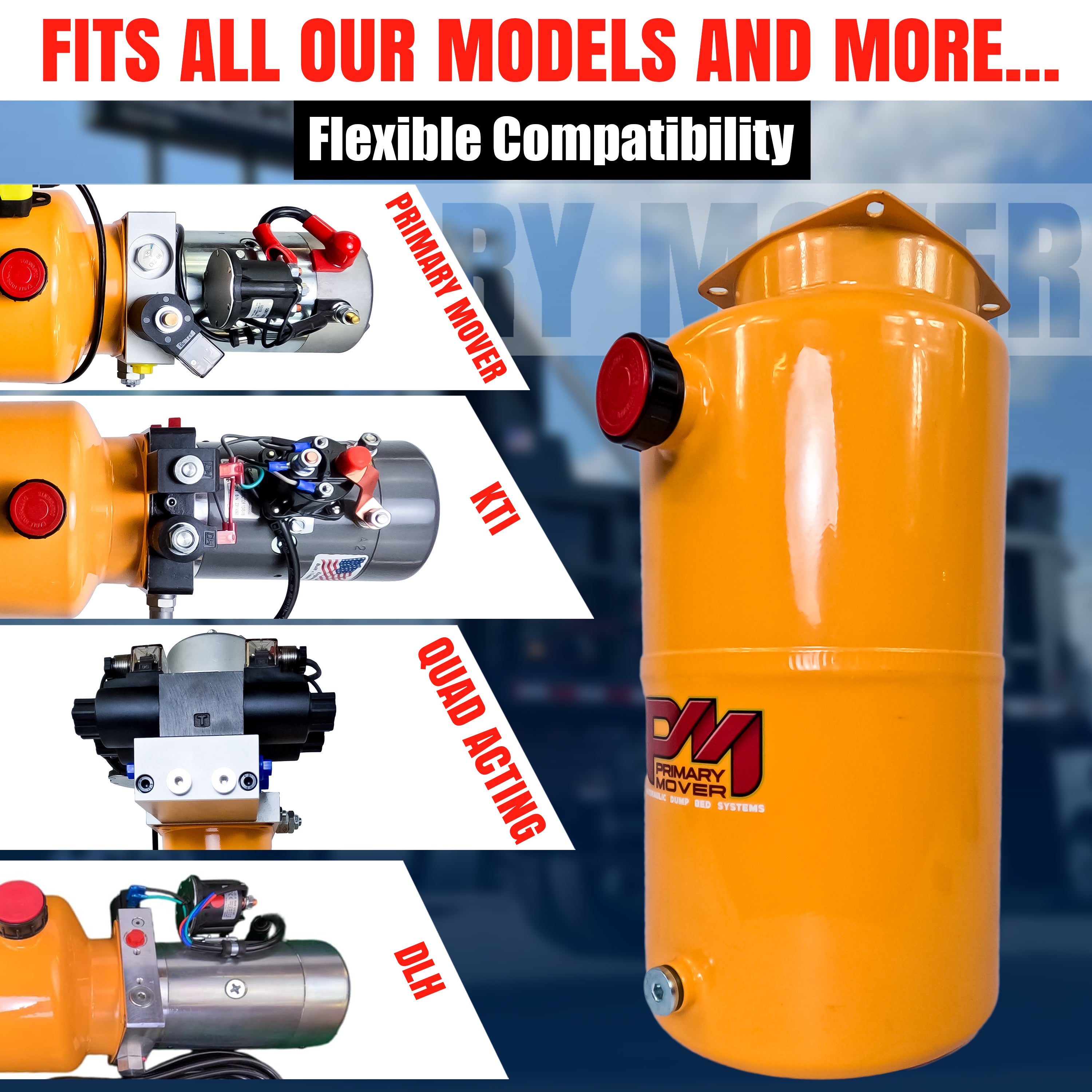 8-quart round steel hydraulic reservoir with plug and breather caps. Precision measurements for compatibility with various hydraulic systems. Durable steel construction for long-lasting performance. Dimensions: 14.5 L x 7 W x 8.5 H. Will work with any KTI