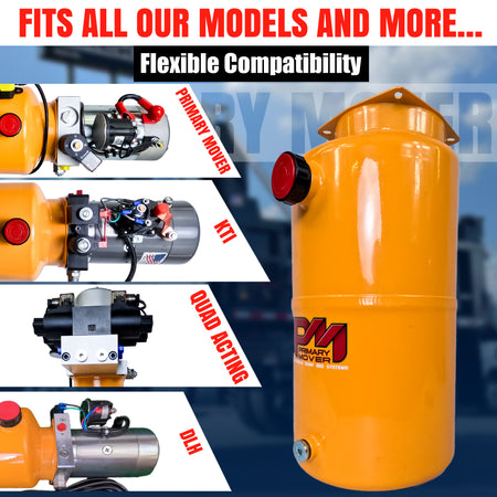 8-quart round steel hydraulic reservoir with plug and breather caps. Precision measurements for compatibility with various hydraulic systems. Durable steel construction for long-lasting performance. Dimensions: 14.5 L x 7 W x 8.5 H. Will work with any KTI