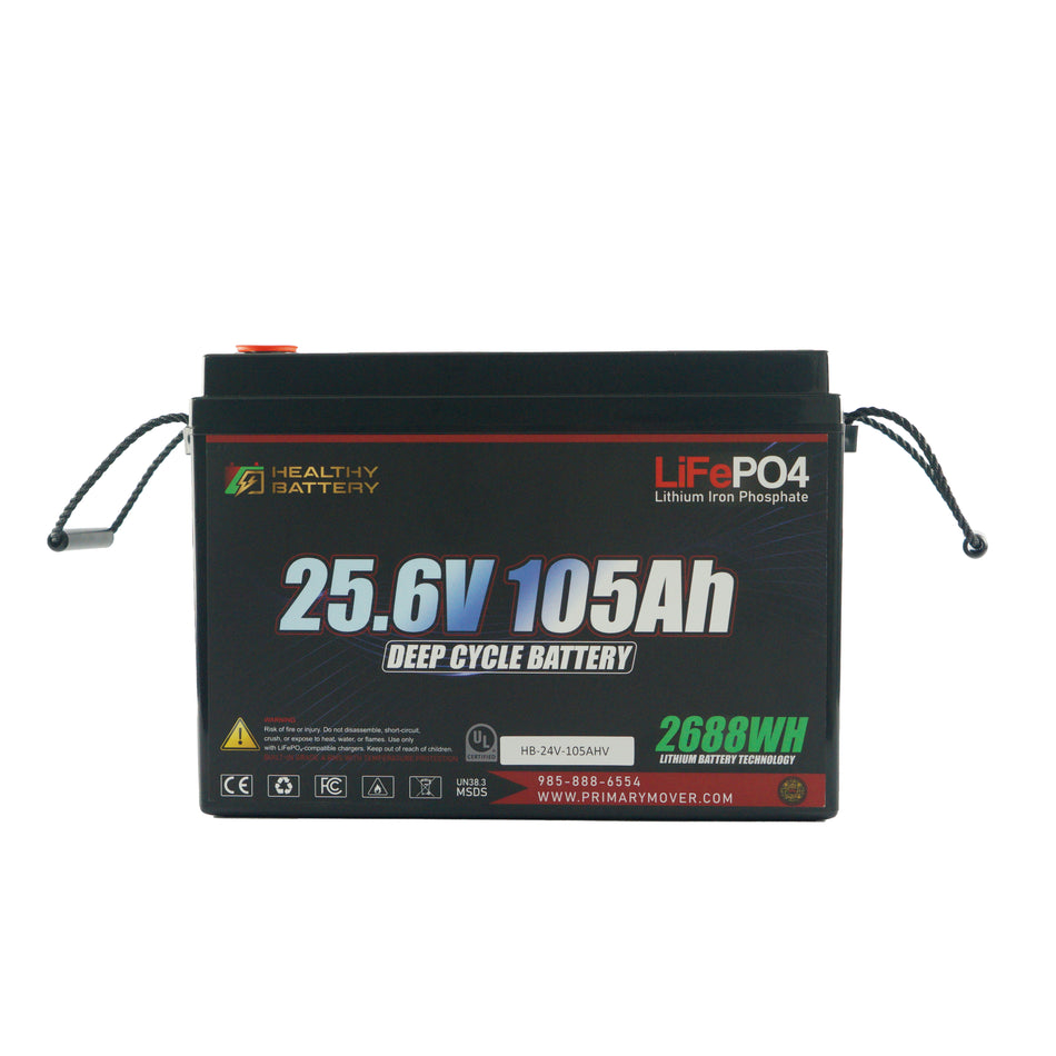 **Title:** Healthy Battery 25.6V 105Ah LiFePO4 Deep Cycle Battery

**Alt Text:** Portable Healthy Battery 25.6V 105Ah LiFePO4 with straps, model HB-24V-105AHV, featuring BMS and Bluetooth for efficient power management.

**Meta Description:** Discover the Healthy Battery 25.6V 105Ah LiFePO4 with 2688Wh capacity, integrated BMS, and Bluetooth monitoring, designed for efficient power systems.