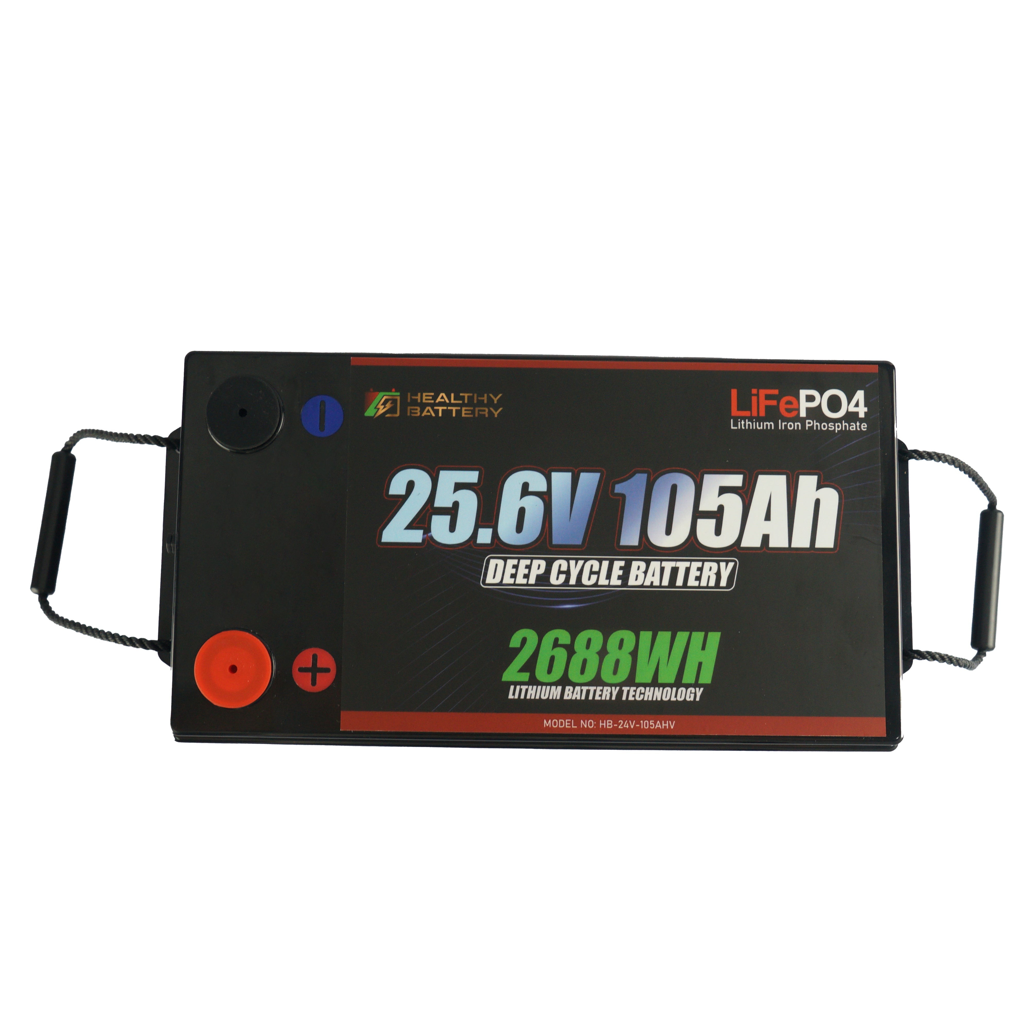 **Title:** Healthy Battery 25.6V 105Ah LiFePO4 Deep Cycle Battery  

**Alt Text:** Healthy Battery 25.6V 105Ah LiFePO4 battery pack with visible terminals, handles, and branding, offering 2688Wh energy storage and Bluetooth monitoring.  

**Meta Description:** Discover the Healthy Battery 25.6V 105Ah LiFePO4 Deep Cycle Battery, featuring 2688Wh capacity and integrated Bluetooth monitoring for efficient, high-demand power systems.