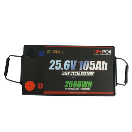 **Title:** Healthy Battery 25.6V 105Ah LiFePO4 Deep Cycle Battery  

**Alt Text:** Healthy Battery 25.6V 105Ah LiFePO4 battery pack with visible terminals, handles, and branding, offering 2688Wh energy storage and Bluetooth monitoring.  

**Meta Description:** Discover the Healthy Battery 25.6V 105Ah LiFePO4 Deep Cycle Battery, featuring 2688Wh capacity and integrated Bluetooth monitoring for efficient, high-demand power systems.