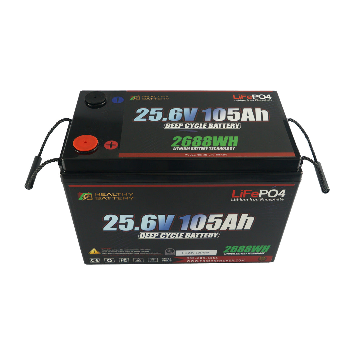 **Title:** Healthy Battery 25.6V 105Ah LiFePO4 Deep Cycle Battery

**Alt Text:** Rectangular LiFePO4 battery labeled 25.6V 105Ah with handles, red and black terminals, branded Healthy Battery.

**Meta Description:** Discover the Healthy Battery 25.6V 105Ah LiFePO4, a high-output deep cycle battery with Bluetooth monitoring and integrated BMS for optimized hydraulic systems.