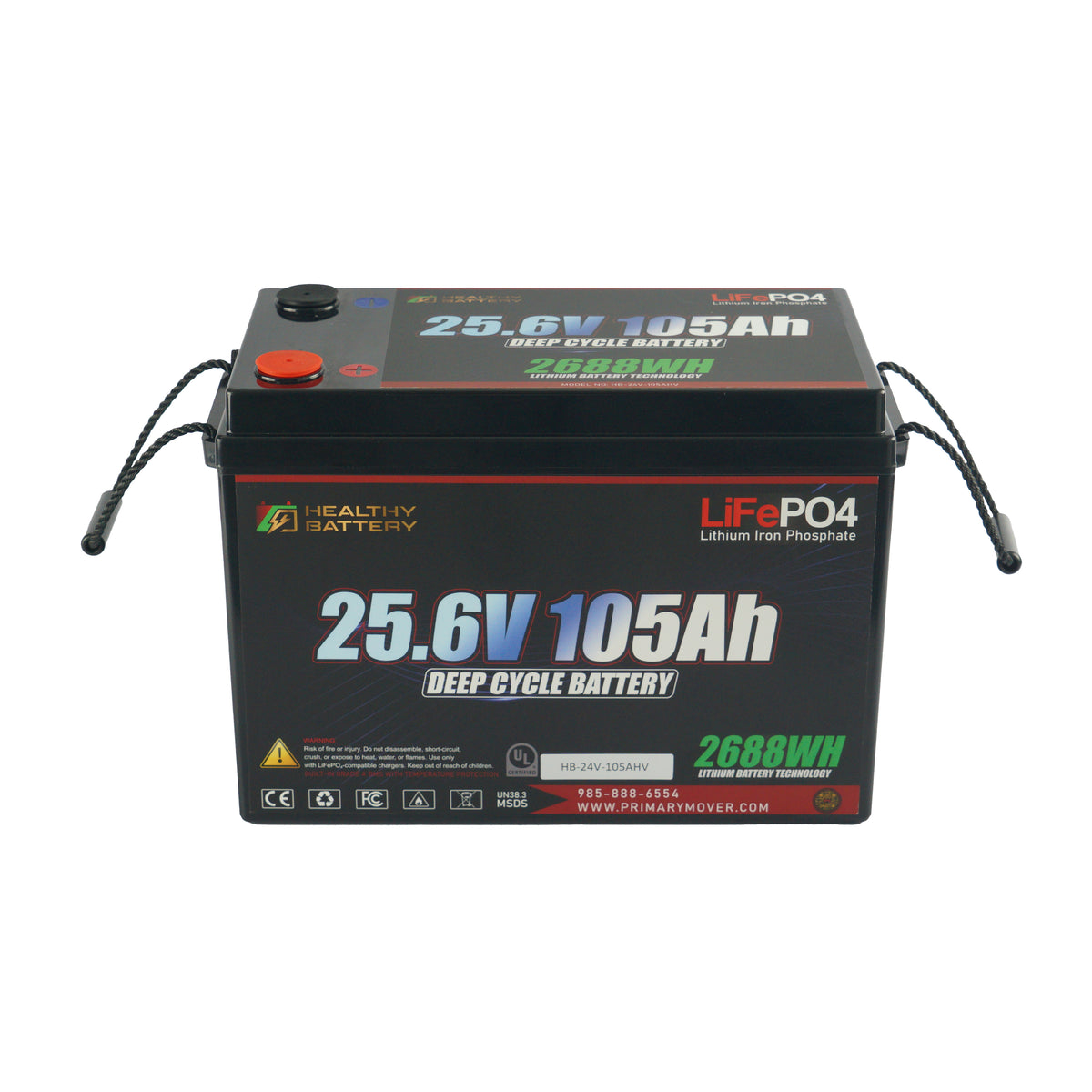 **Title:** Healthy Battery 25.6V 105Ah LiFePO4 Deep Cycle Battery with Bluetooth

**Alt Text:** Rectangular 25.6V 105Ah LiFePO4 battery with red/black terminals, rope handles, and Bluetooth monitoring.

**Meta Description:** Discover the 25.6V 105Ah LiFePO4 Battery, ideal for solar and EVs. Features Bluetooth app, 365A BMS, and efficient energy storage. Perfect for high-load applications.