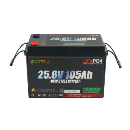 **Title:** Healthy Battery 25.6V 105Ah LiFePO4 Deep Cycle Battery with Bluetooth

**Alt Text:** Rectangular 25.6V 105Ah LiFePO4 battery with red/black terminals, rope handles, and Bluetooth monitoring.

**Meta Description:** Discover the 25.6V 105Ah LiFePO4 Battery, ideal for solar and EVs. Features Bluetooth app, 365A BMS, and efficient energy storage. Perfect for high-load applications.