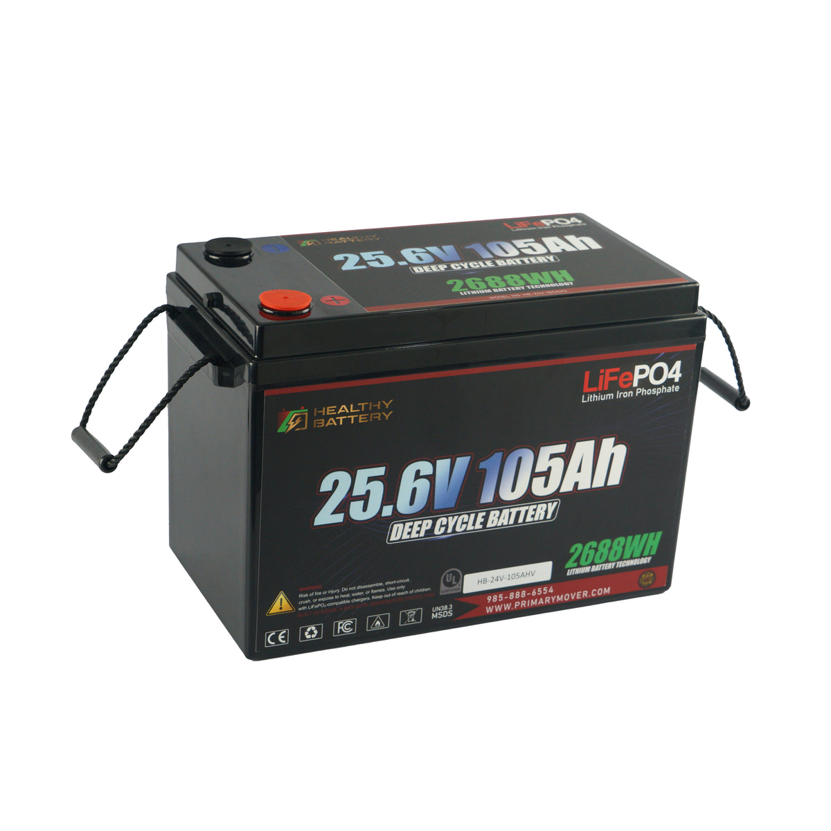 **Title:** Healthy Battery 25.6V 105Ah LiFePO4 Deep Cycle Battery

**Meta Description:** Discover the high-output Healthy Battery 25.6V 105Ah LiFePO4 with 2688Wh energy storage, 365A BMS, and Bluetooth app for real-time monitoring.

**Alt Text:** Rectangular black LiFePO4 battery pack with 25.6V 105Ah label, rope handles, and red/black terminals, by Healthy Battery.