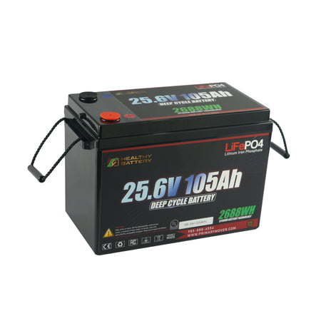 **Title:** Healthy Battery 25.6V 105Ah LiFePO4 Deep Cycle Battery

**Meta Description:** Discover the high-output Healthy Battery 25.6V 105Ah LiFePO4 with 2688Wh energy storage, 365A BMS, and Bluetooth app for real-time monitoring.

**Alt Text:** Rectangular black LiFePO4 battery pack with 25.6V 105Ah label, rope handles, and red/black terminals, by Healthy Battery.