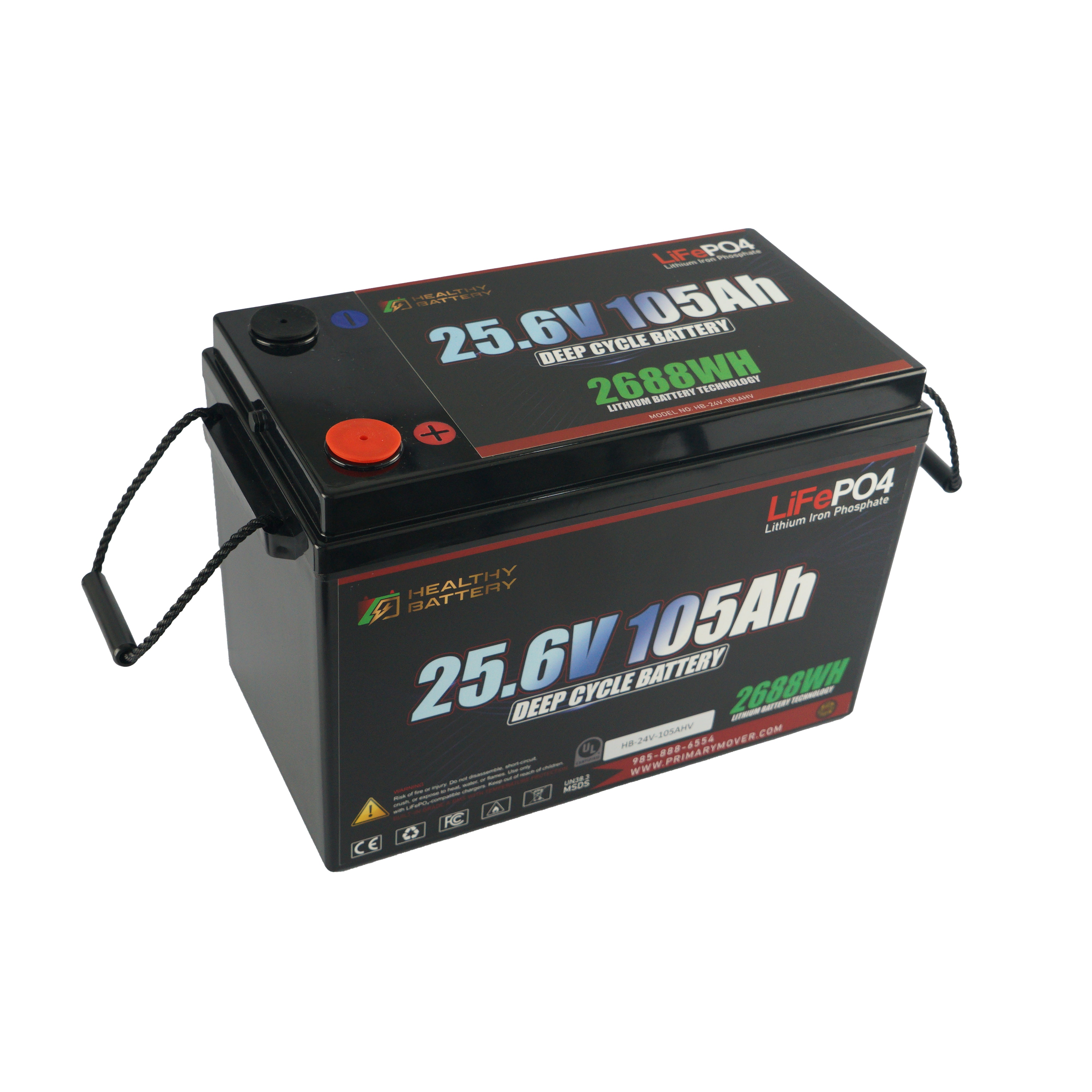 **Alt Text:** Healthy Battery 25.6V 105Ah LiFePO4 Deep Cycle Battery with 2688Wh, featuring Bluetooth monitoring and built-in 365A BMS for efficient power management.  

**Title:** Healthy Battery 25.6V 105Ah LiFePO4 Deep Cycle Battery  

**Meta Description:** Discover the Healthy Battery 25.6V 105Ah LiFePO4 Deep Cycle Battery with 2688Wh capacity, integrated BMS, and Bluetooth app for efficient hydraulic power systems.