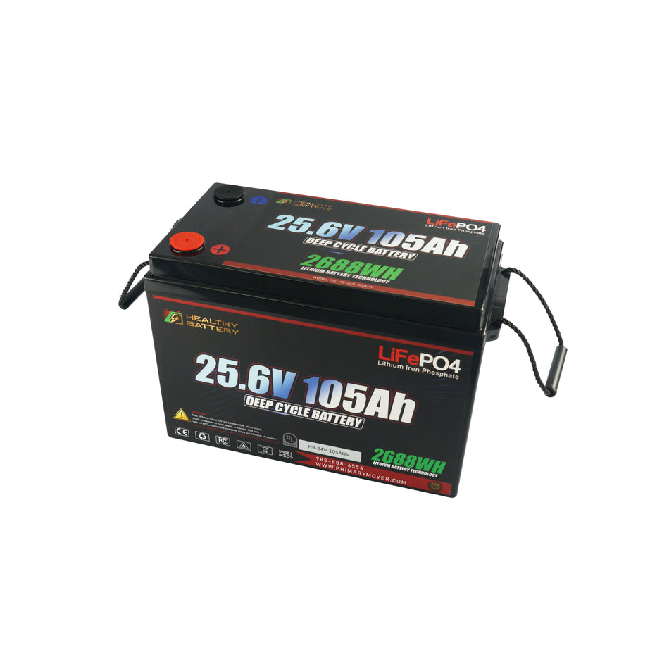 **Title:** Healthy Battery 25.6V 105Ah LiFePO4 Deep Cycle Battery  

**Alt Text:** Rechargeable LiFePO4 battery pack with 25.6V, 105Ah, 2688Wh, BMS, and Bluetooth.  

**Meta Description:** Discover the Healthy Battery 25.6V 105Ah LiFePO4, offering 2688Wh energy, BMS, and Bluetooth for efficient and safe power management. Ideal for high-demand systems.
