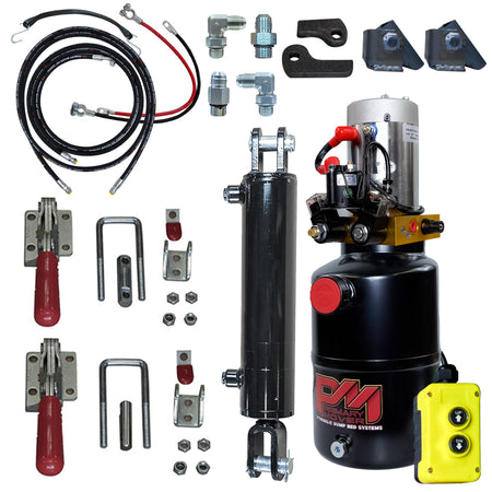 Hydraulic Tilt Deck Kit for Trailers - Welded | 310 W, featuring a hydraulic power unit, double-acting cylinder, pendant controller, hoses, fittings, and safety latches for efficient loading.
