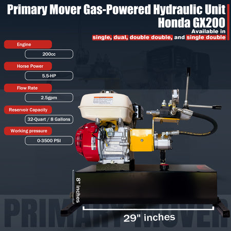 Primary Mover Gasoline Hydraulic Pump – Multiple Start, Reservoir, and Valve Options | PF-GPU Series

Gas-powered hydraulic unit with Honda GX200 engine, 5.5 HP, 2.5 gpm flow rate, 32 qt reservoir, 0-3,500 PSI pressure, mounted hoses, control valve block.