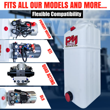 A 13-quart poly hydraulic reservoir tank with plug and breather caps, precise measurements, and a compact design for various hydraulic applications.
