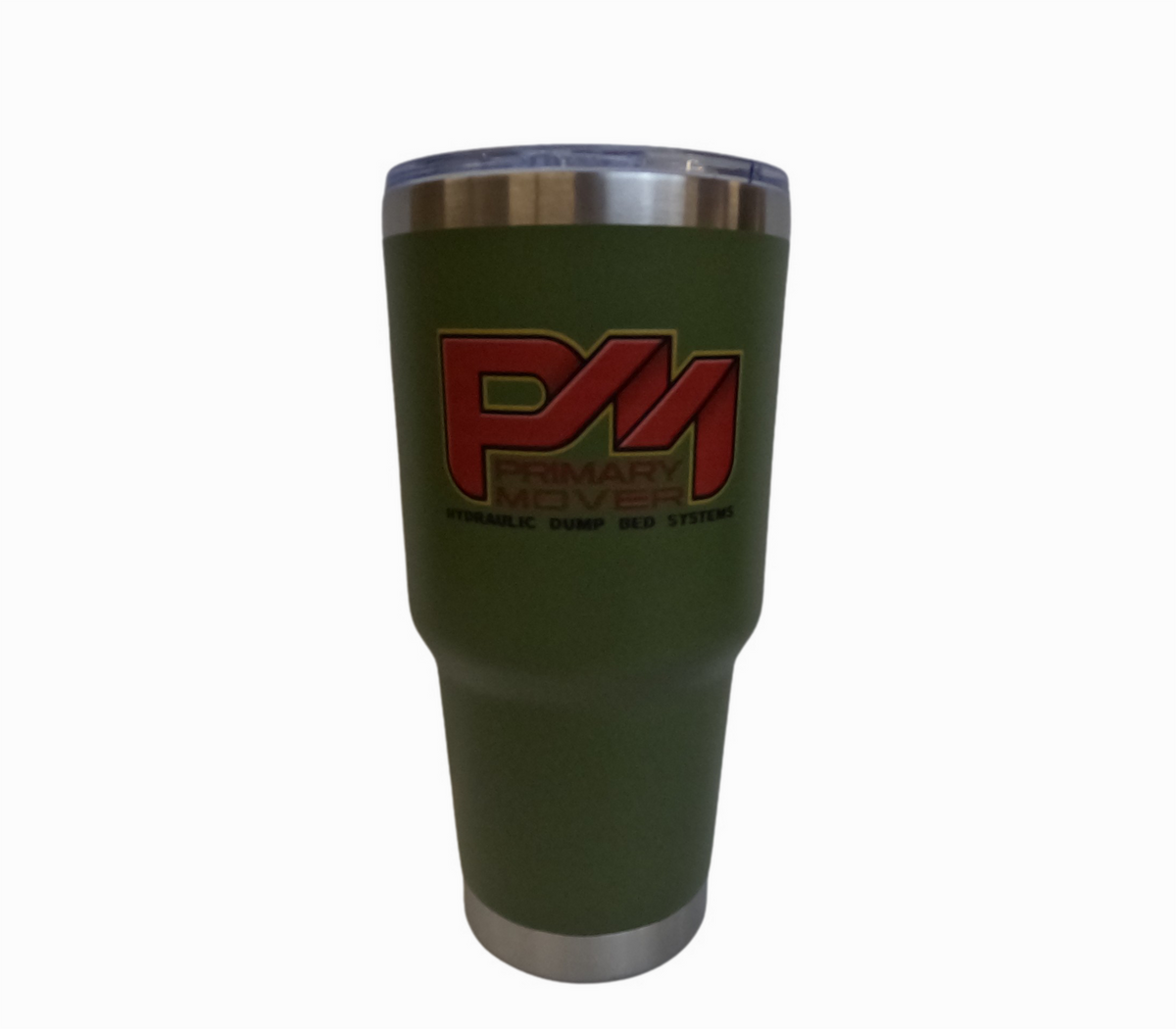 Sleek 30oz Travel Mug with Primary Mover logo, stainless steel construction, leak-resistant lid, and versatile use. Ideal for on-the-go drinks.