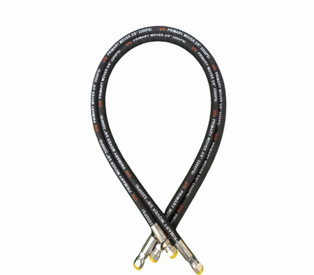 A close-up of a black hydraulic trailer jack kit with hoses and fittings, showcasing a robust design for towing convenience and stability.