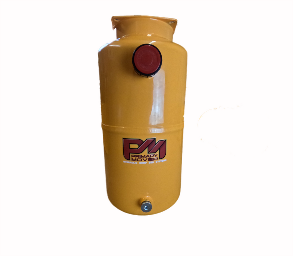 6 Quart Metal Round Hydraulic Reservoir Tank with plug and breather caps, precise measurements for compatibility, durable steel construction for versatile hydraulic applications.