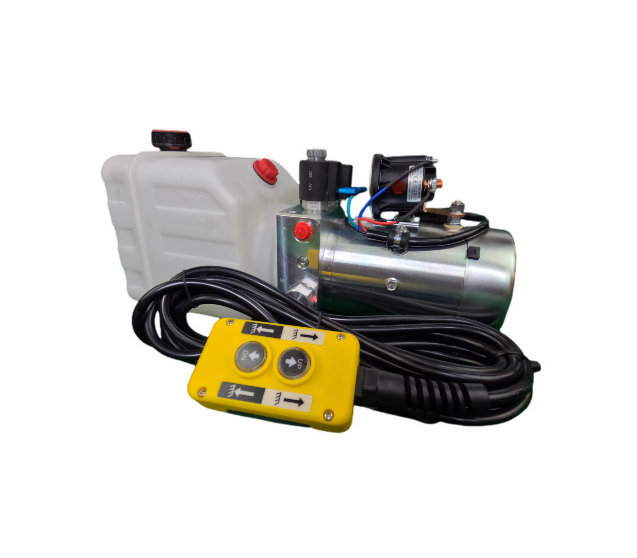 DLH 12V Double-Acting Hydraulic Pump - Poly Reservoir: A machine with a yellow rectangular device, buttons, and a remote control, offering reliable hydraulic power for dump bed trailers and trucks.