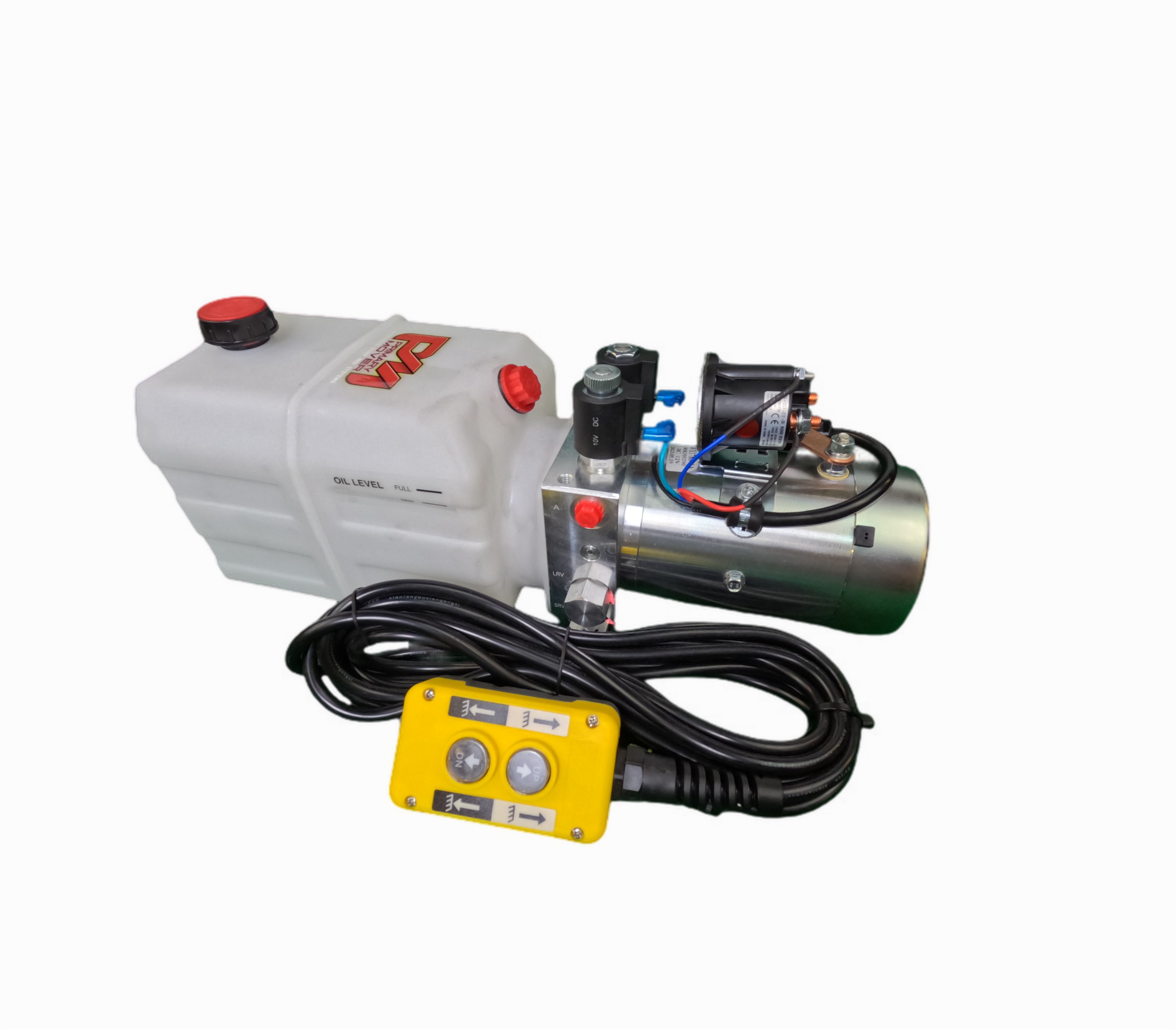 A dual-acting hydraulic pump by DLH Fluid Power, featuring a yellow device with black wires, a red cap, and a white plastic container, optimized for dump bed trailers and trucks.