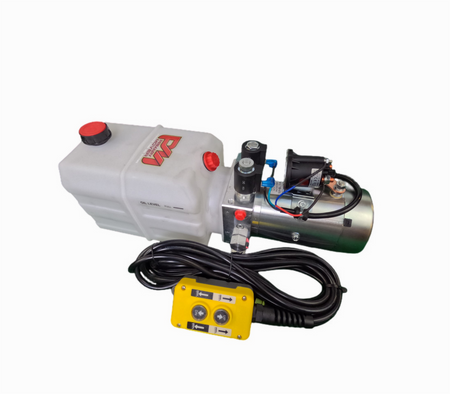 DLH 12V Double-Acting Hydraulic Pump - Poly Reservoir with dual-acting power for hydraulic dump beds. Rugged construction, versatile compatibility, and optimized performance for efficient operations.