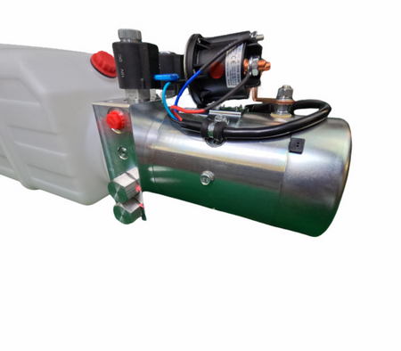DLH 12V Double-Acting Hydraulic Pump with Poly Reservoir: Dual-acting pump for hydraulic dump beds, robust construction, versatile compatibility, and optimized performance.