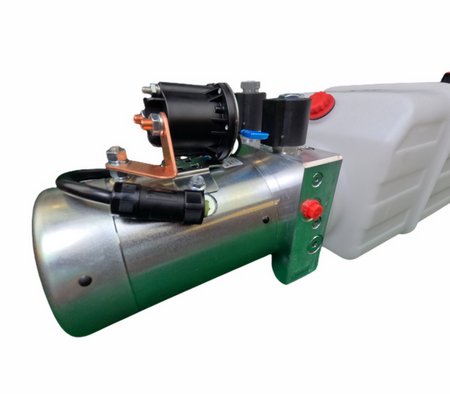 A dual-acting hydraulic pump by DLH Fluid Power, featuring a white container with red knobs, designed for efficient operation in dump bed trailers and trucks.