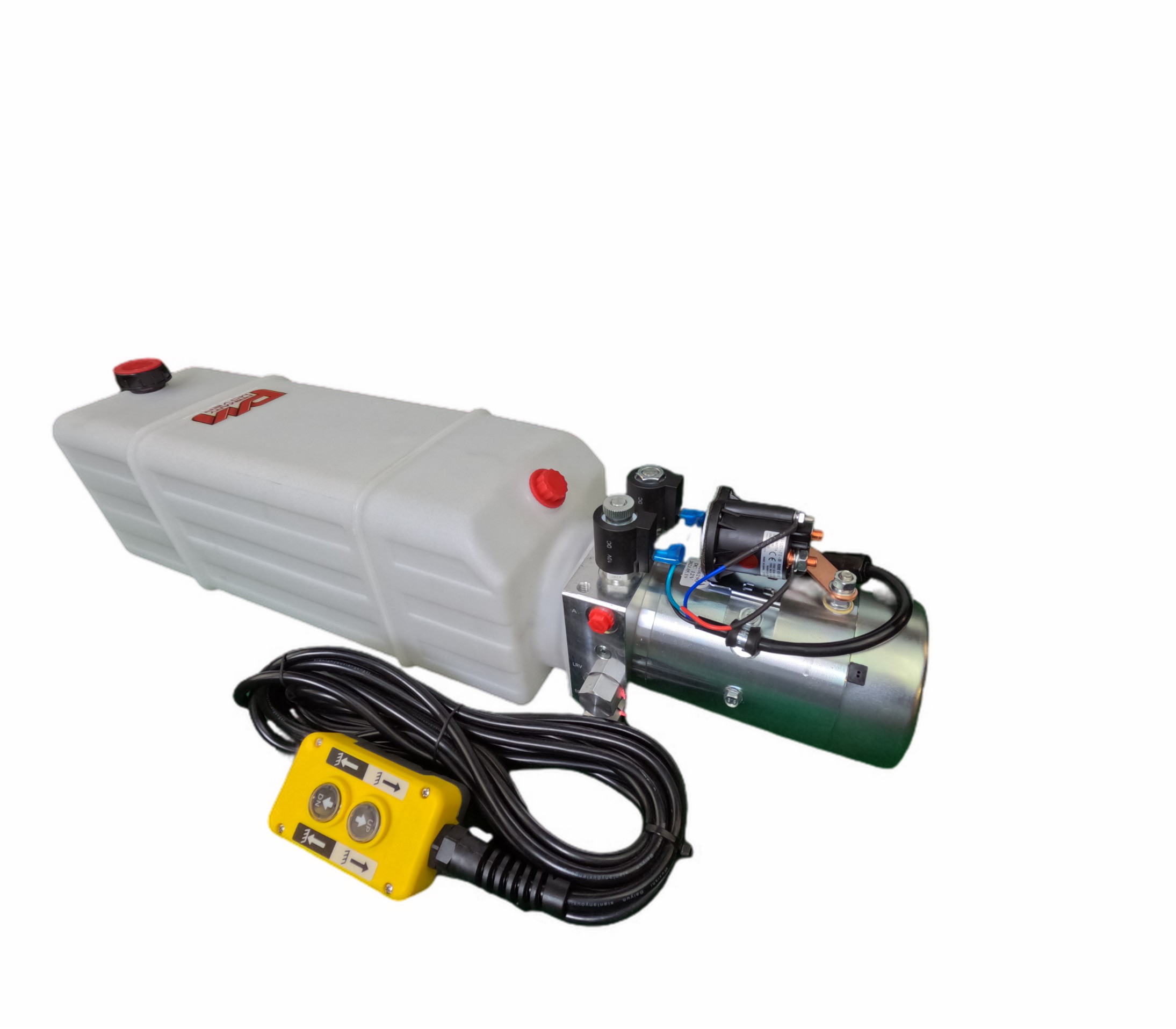 DLH 12V Double-Acting Hydraulic Pump - Poly Reservoir: Dual-acting hydraulic pump with yellow and black buttons, designed for efficient operation of dump bed trailers and trucks.