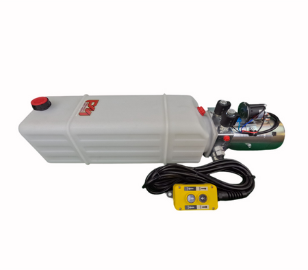 DLH 12V Double-Acting Hydraulic Pump - Poly Reservoir: Dual-acting hydraulic pump with red button, black wires, and yellow device. Reliable, robust construction for dump bed trailers and trucks.