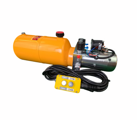 DLH 12V Double-Acting Hydraulic Pump with Steel Reservoir, featuring dual-acting power, robust construction, and versatile compatibility for efficient dump bed operations.