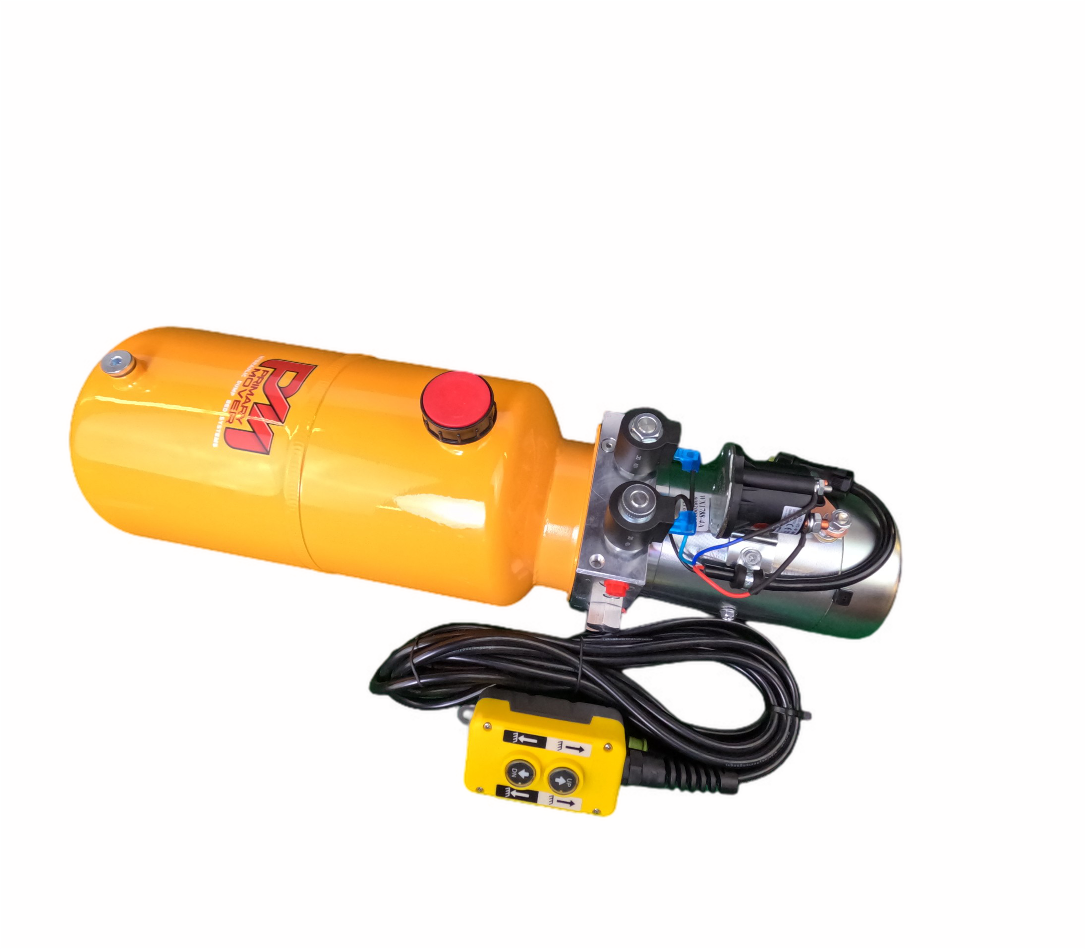DLH 12V Double-Acting Hydraulic Pump with Steel Reservoir, featuring red button, black wires, and rugged construction for reliable hydraulic power in dump bed trailers and trucks.