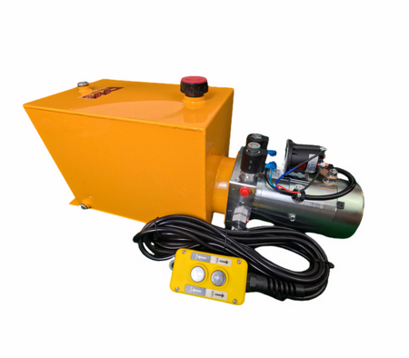 DLH 12V Double-Acting Hydraulic Pump with Steel Reservoir, featuring dual-acting power for efficient dump bed operation. Includes hand-held pendant and versatile compatibility.