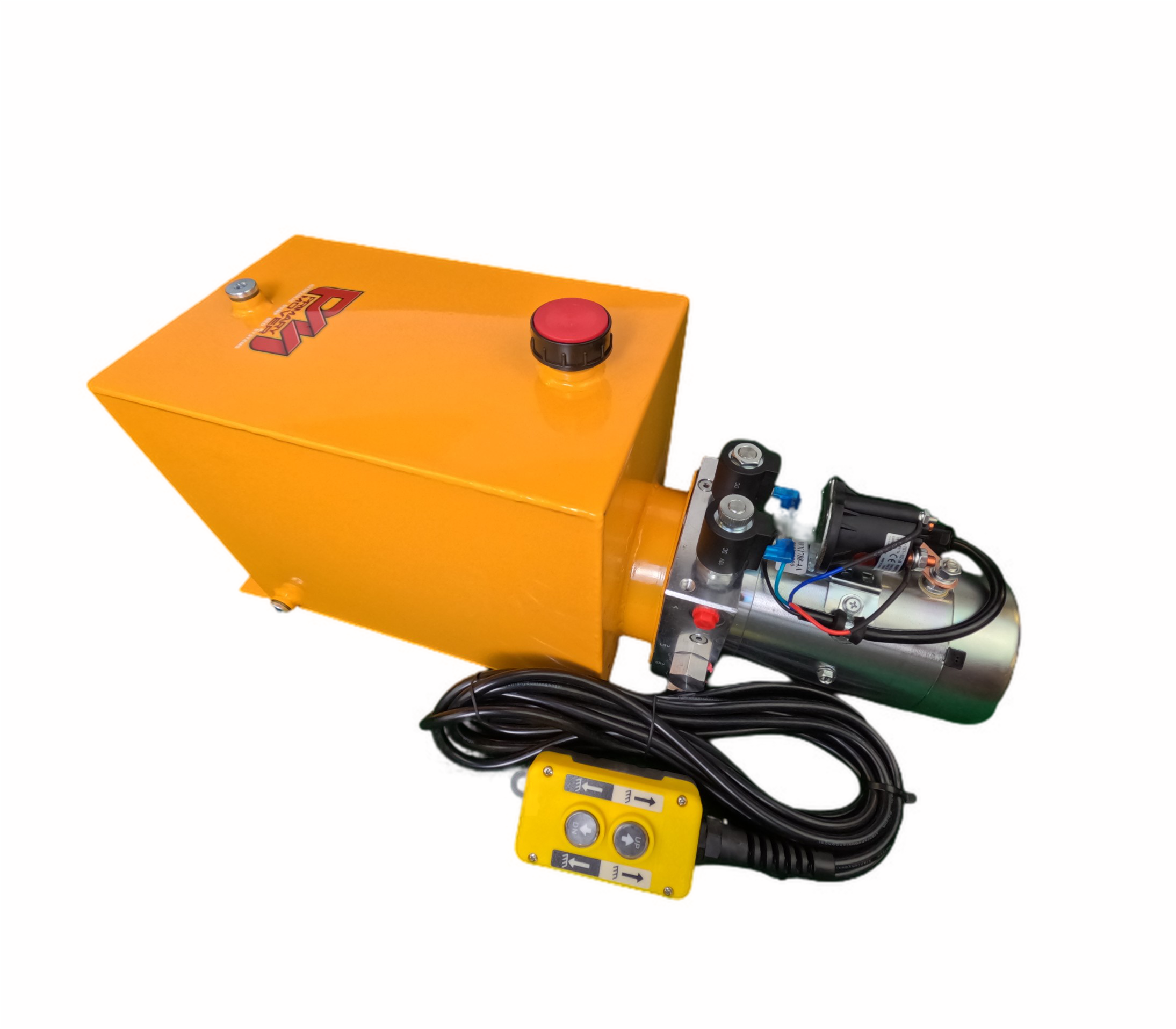DLH 12V Double-Acting Hydraulic Pump with Steel Reservoir: Dual-acting hydraulic pump for dump bed trailers and trucks. Reliable, robust construction for enhanced functionality and optimized performance.