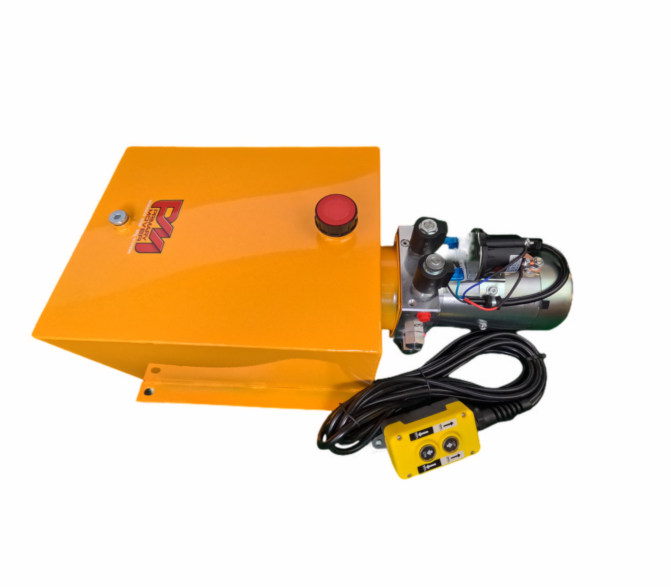 DLH 12V Double-Acting Hydraulic Pump - Steel Reservoir with red button and black cable, ideal for dump bed trailers and trucks. Dual-acting for efficient lifting and lowering operations.