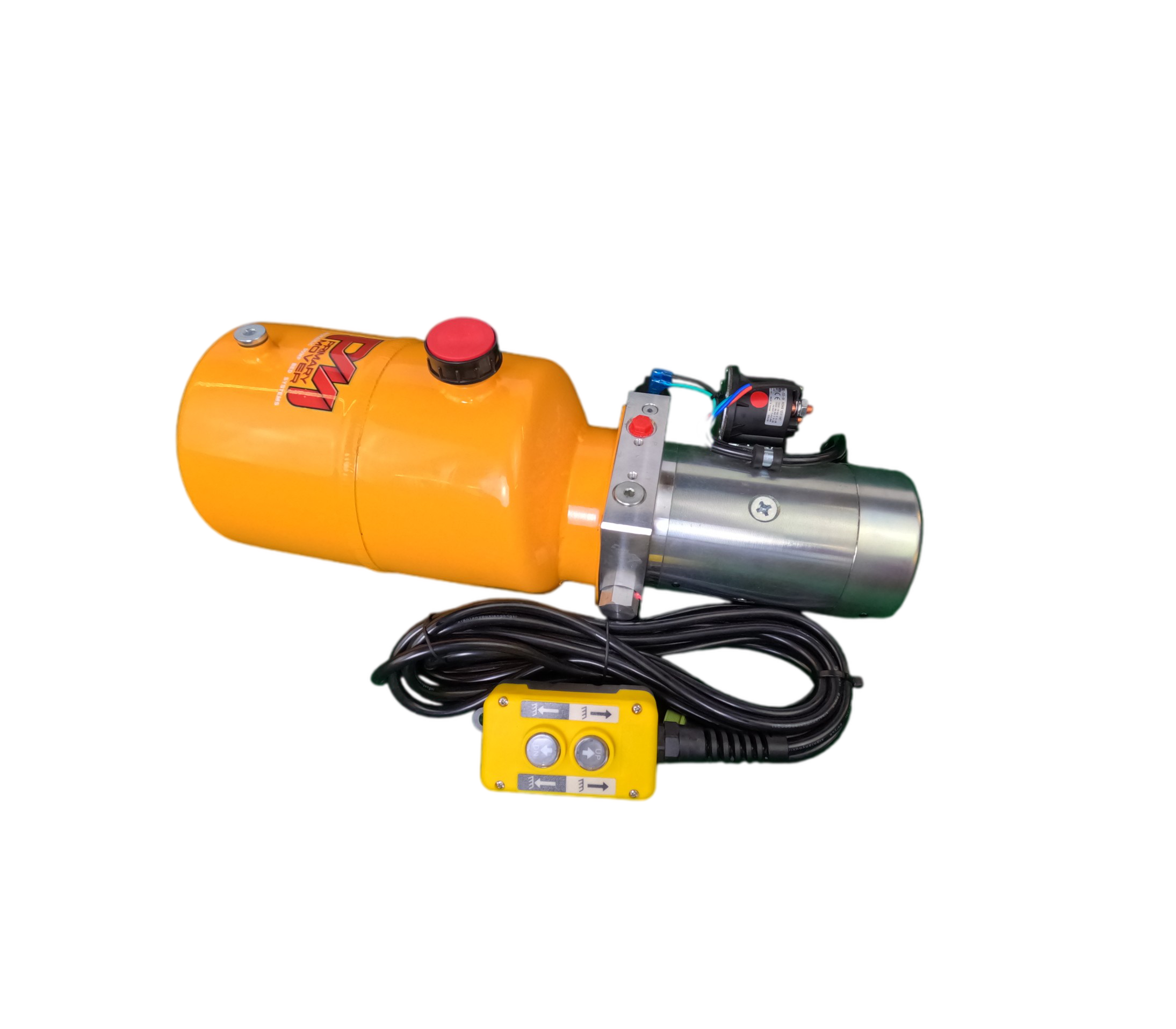 A yellow and silver single-acting DLH hydraulic pump with a red button and steel reservoir. Efficient, durable, and versatile for dump bed trailers and trucks.