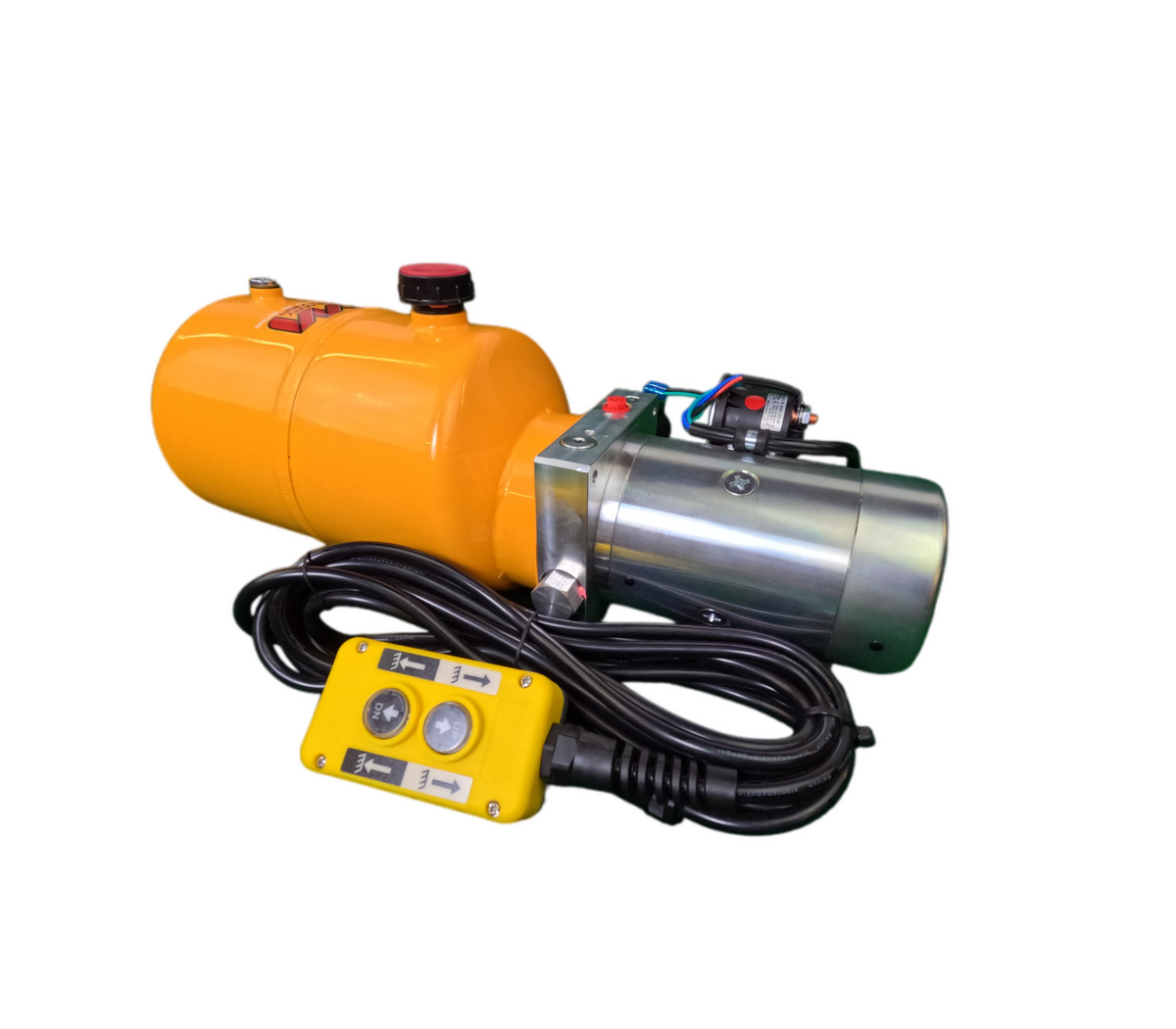 DLH 12V Single-Acting Hydraulic Pump with Steel Reservoir, featuring efficient power-up and gravity-down functions, 3200 PSI relief setting, and versatile compatibility for various applications.