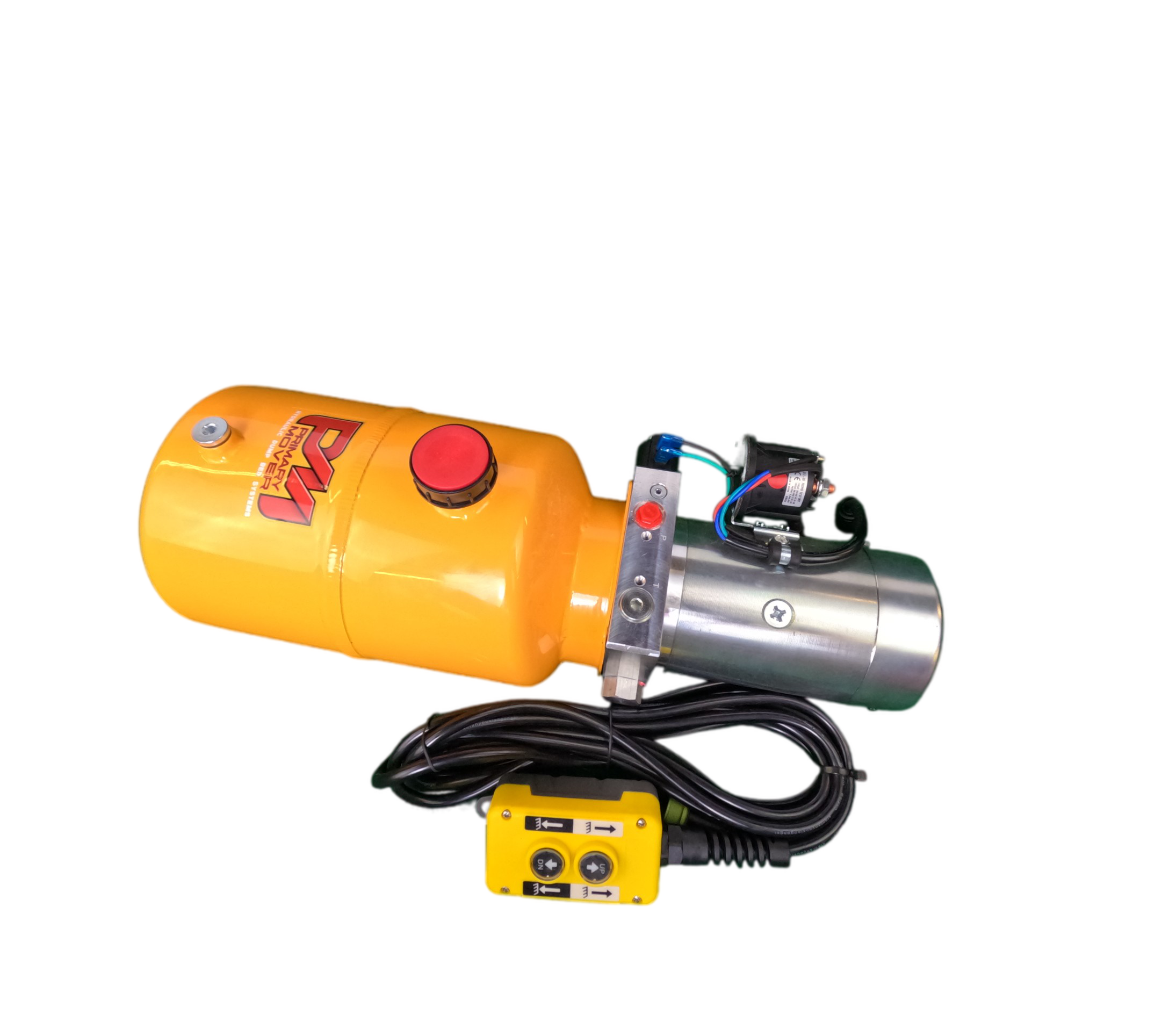 Single-acting DLH 12V Hydraulic Pump with Steel Reservoir: Powerful, efficient, and durable hydraulic pump for dump bed trailers and trucks. Includes handheld pendant and warranty.