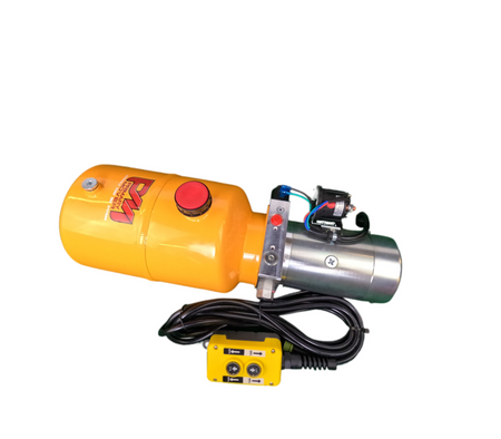 Single-acting DLH 12V Hydraulic Pump with Steel Reservoir: Powerful, efficient, and durable hydraulic pump for dump bed trailers and trucks. Includes handheld pendant and warranty.