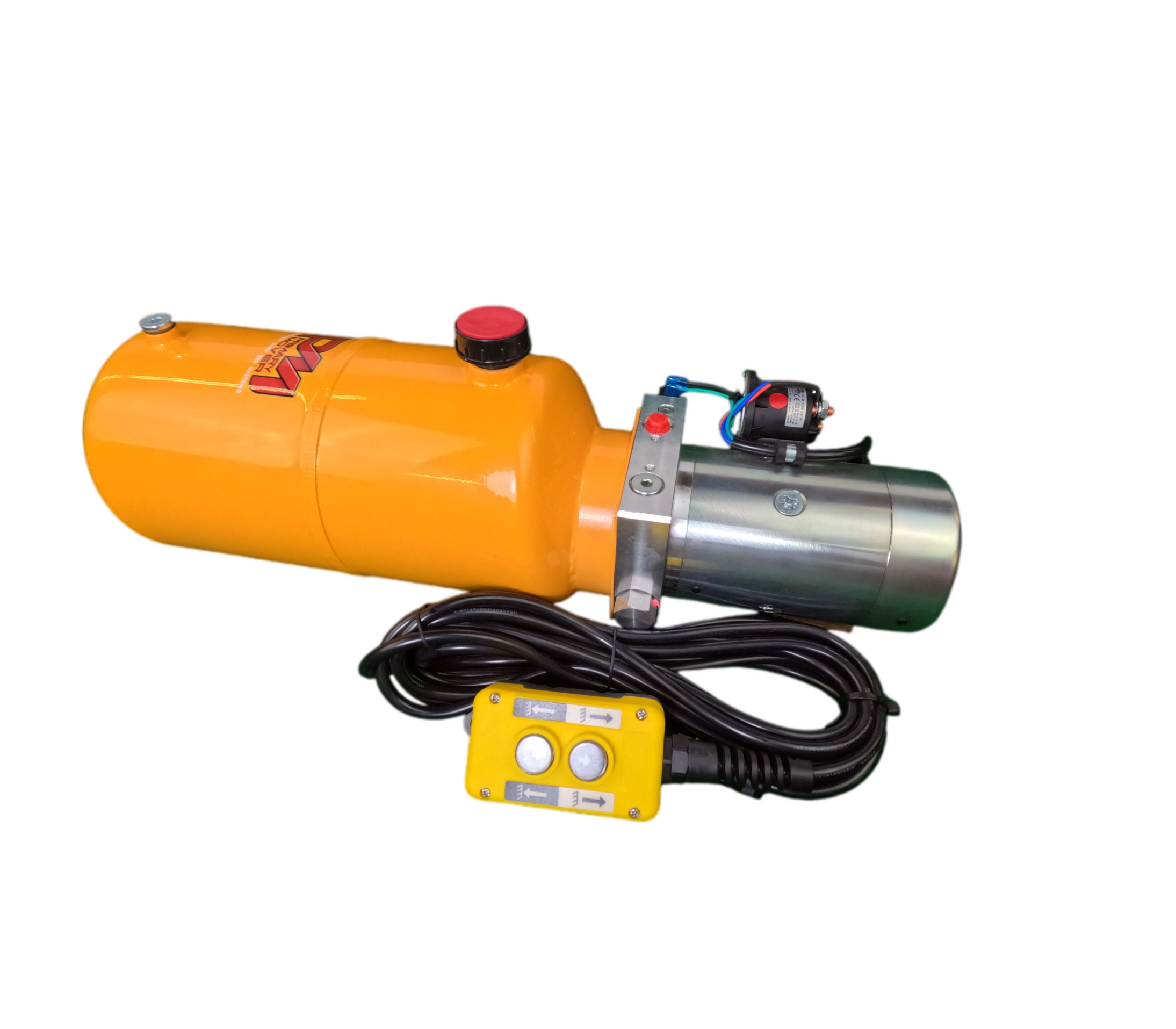 DLH 12V Single-Acting Hydraulic Pump with Steel Reservoir, featuring a yellow and silver machine with wires, buttons, and a red button, ideal for hydraulic dump bed trailers and trucks.