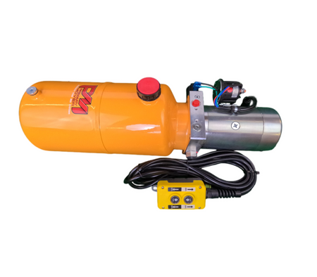A yellow and silver single-acting hydraulic pump with a red button, wires, and cylinder, ideal for dump bed trailers and trucks. Durable construction, efficient functionality, and versatile compatibility for enhanced performance.