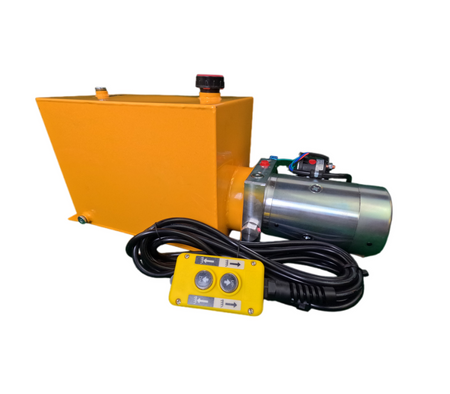 A yellow DLH 12V single-acting hydraulic pump with a remote control and black wires, featuring a durable construction for reliable hydraulic power in various applications.