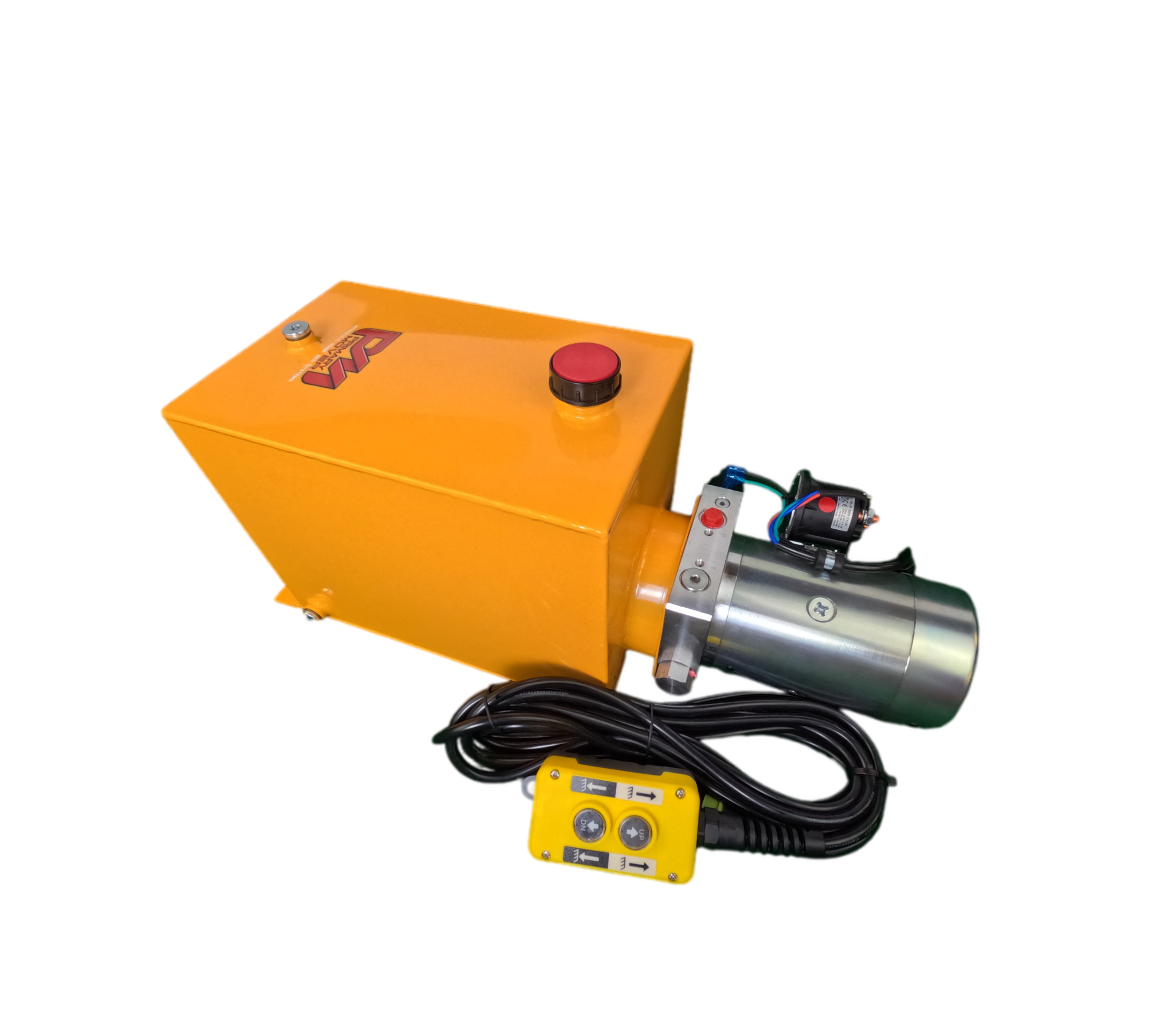 Single-acting DLH 12V hydraulic pump with steel reservoir, featuring a red button and black wires. Ideal for dump bed trailers and trucks, maximizing efficiency and durability.