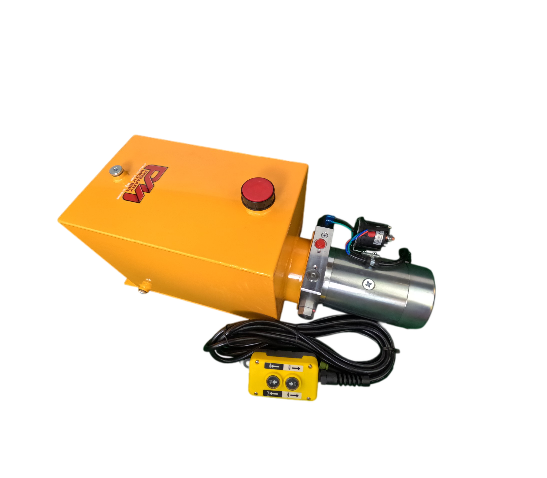 DLH 12V Single-Acting Hydraulic Pump with Steel Reservoir, featuring red button, cords, and efficient functionality for dump bed trailers and trucks.