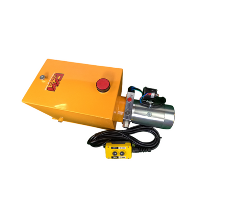 DLH 12V Single-Acting Hydraulic Pump with Steel Reservoir, featuring red button, yellow metal box, and black wires for efficient hydraulic operations in various applications.